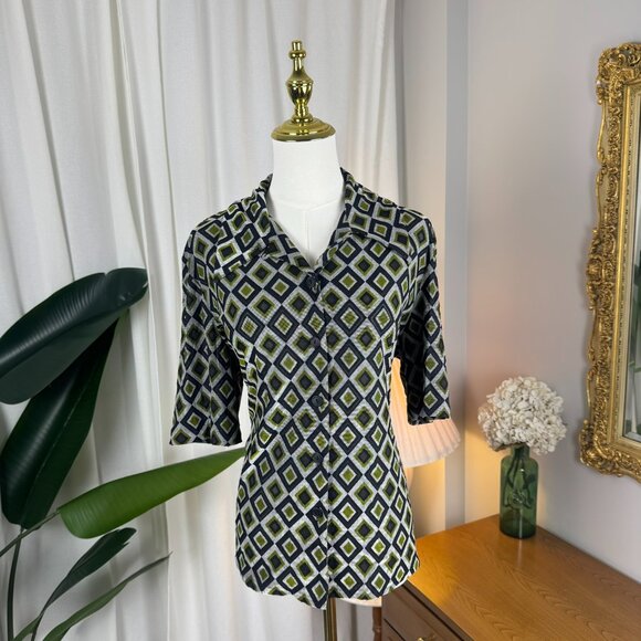 Vintage Geometric 70s Style Button-Up Semi Sheer Blouse sz L/XL - Picture 6 of 9